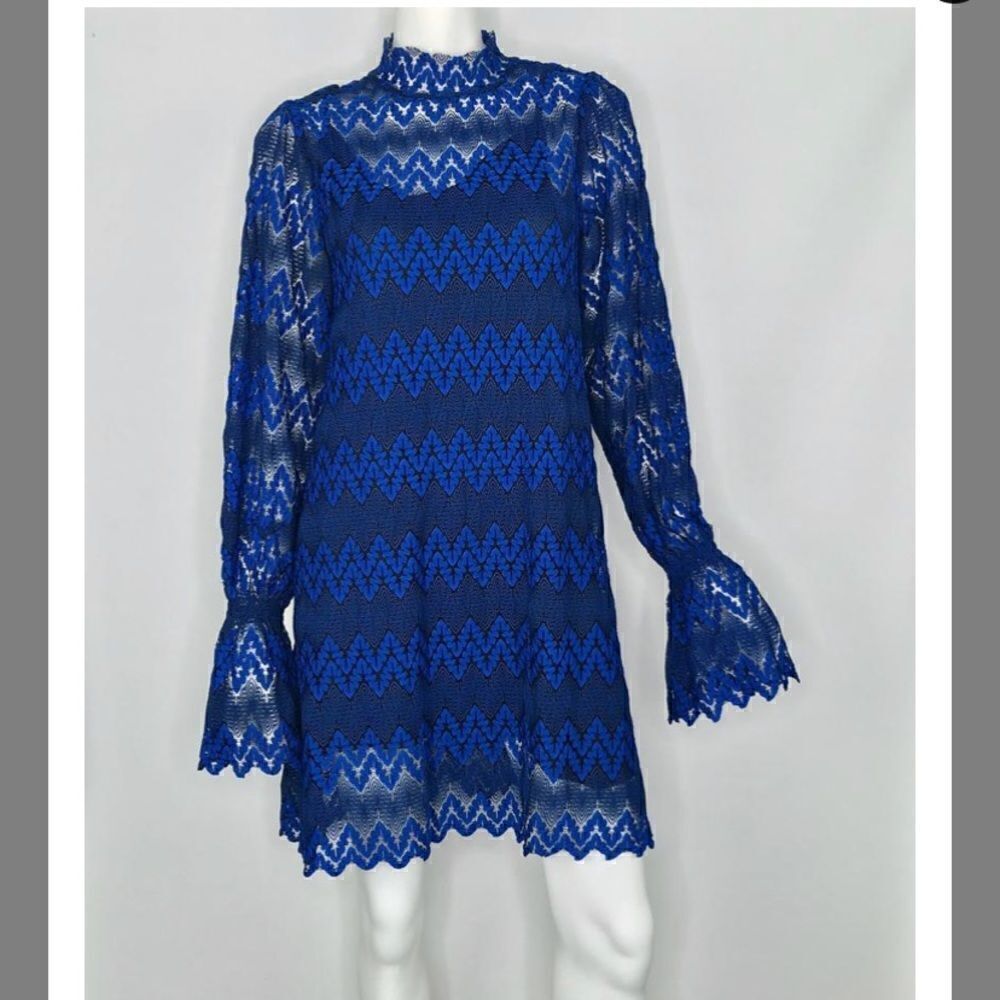 Blue Simone Mock Neck Lace Mini Casual Dress